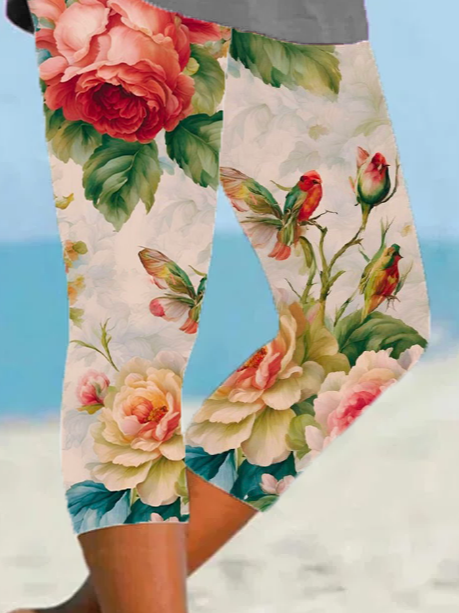Damen Geblümt Caprihosen Elastische Taille Hose Lässig Sommer Hose