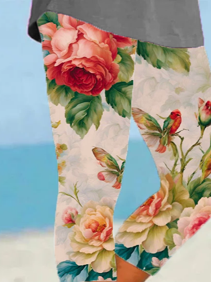 Damen Geblümt Caprihosen Elastische Taille Hose Lässig Sommer Hose