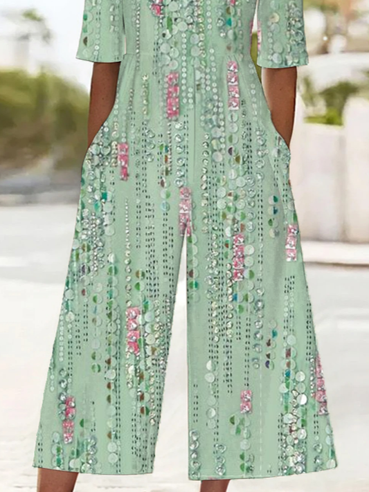 Damen Abstrakt V-Ausschnitt Halbarm Lässig Sommer Jumpsuit