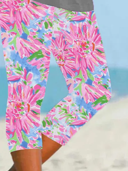 Damen Geblümt Caprihosen Elastische Taille Hose Lässig Sommer Hose