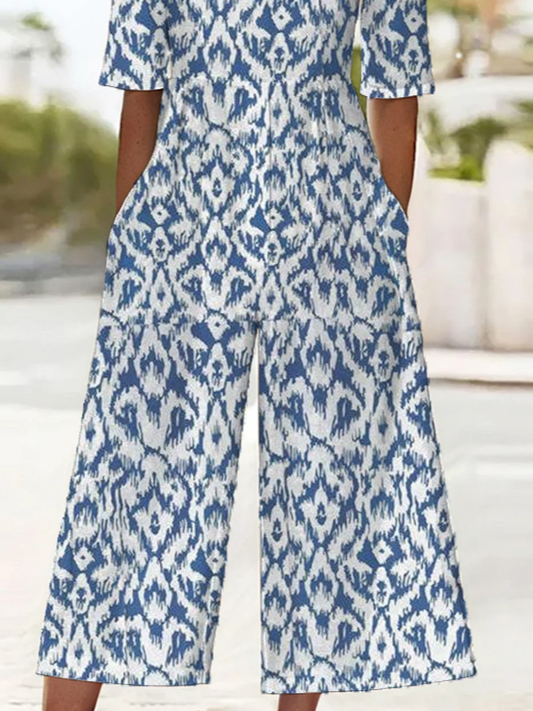 Damen Geometrisch V-Ausschnitt Halbarm Lässig Sommer Jumpsuit