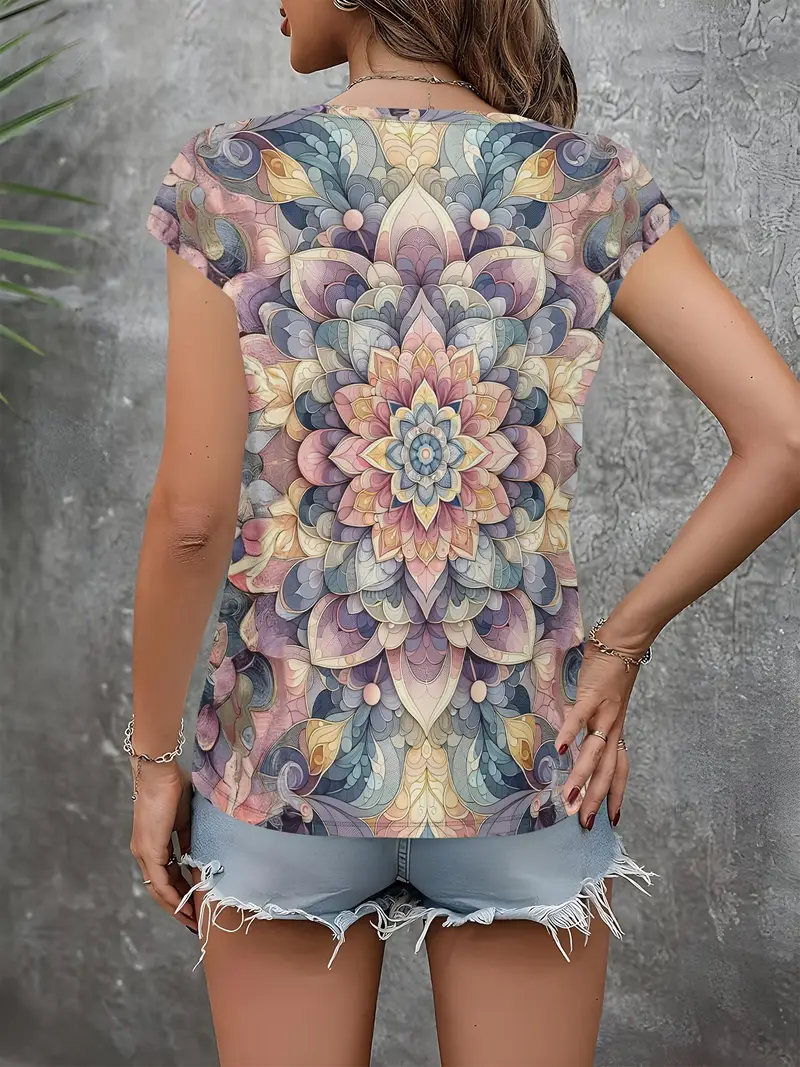 Damen Geblümt Kurzarm T-Shirts T-Shirt V-Ausschnitt Print Lässig Sommer T-Shirt mit Grafik Oberteile