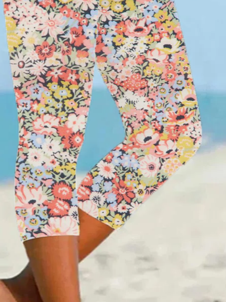 Damen Geblümt Caprihosen Elastische Taille Hose Lässig Sommer Hose