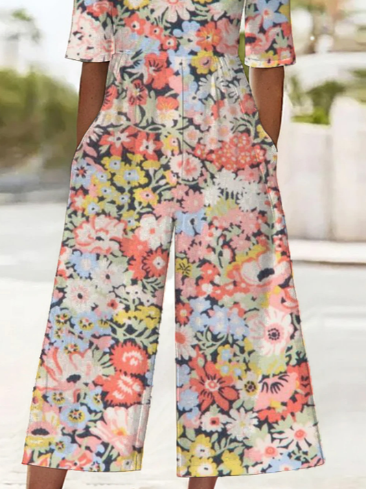 Damen Geblümt V-Ausschnitt Halbarm Lässig Sommer Jumpsuit