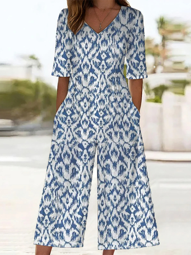 Damen Geometrisch V-Ausschnitt Halbarm Lässig Sommer Jumpsuit
