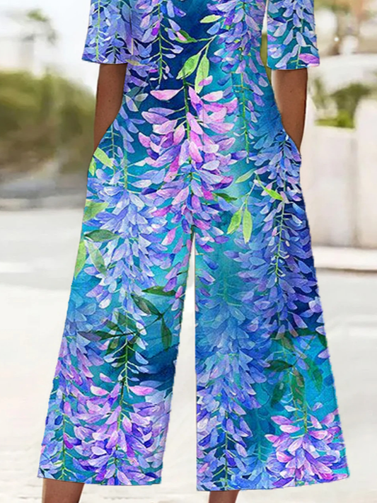 Damen Geblümt V-Ausschnitt Halbarm Lässig Sommer Jumpsuit