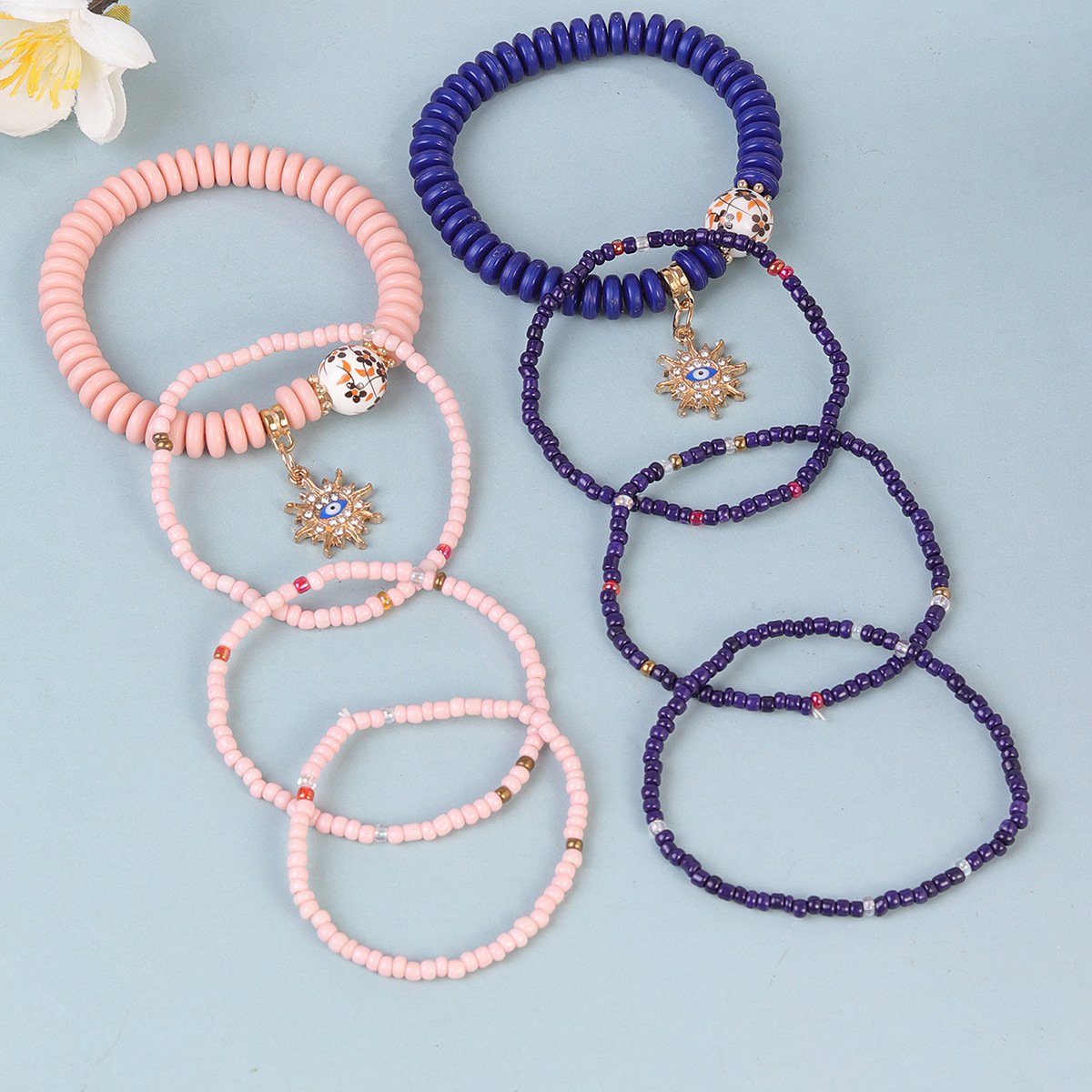 Heiß Verkauf Bohemien Stil mehrschichtig Reis Korn Armband gestapelt Mit Teuflisch Ösen Pendant Handgemachte Verstellbar Schmuck