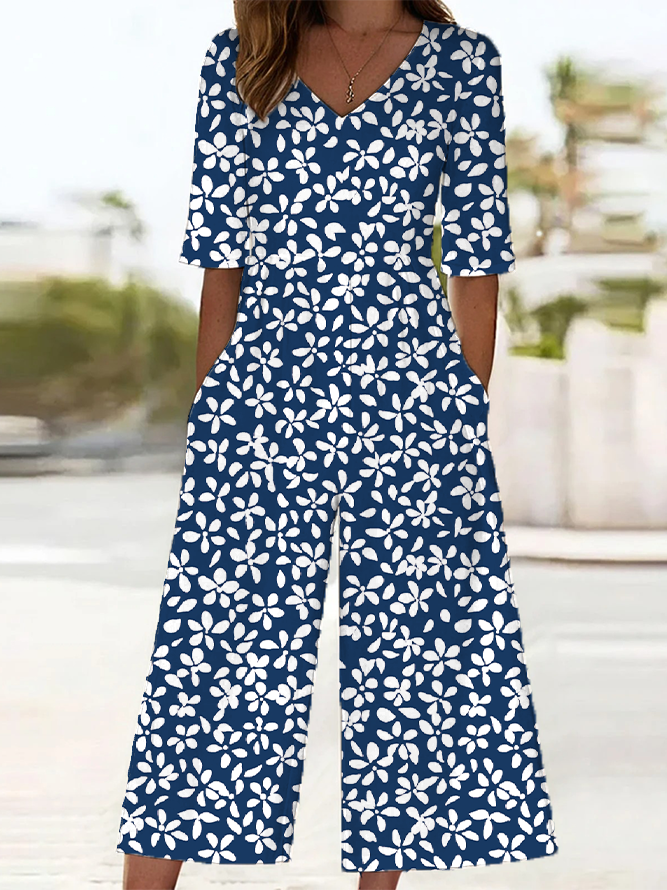 Damen Geblümt V-Ausschnitt Halbarm Lässig Sommer Jumpsuit
