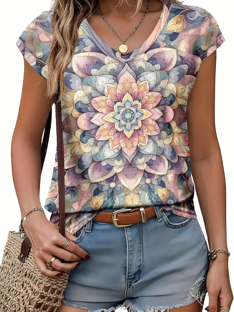 Damen Geblümt Kurzarm T-Shirts T-Shirt V-Ausschnitt Print Lässig Sommer T-Shirt mit Grafik Oberteile