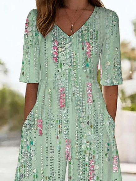 Damen Abstrakt V-Ausschnitt Halbarm Lässig Sommer Jumpsuit