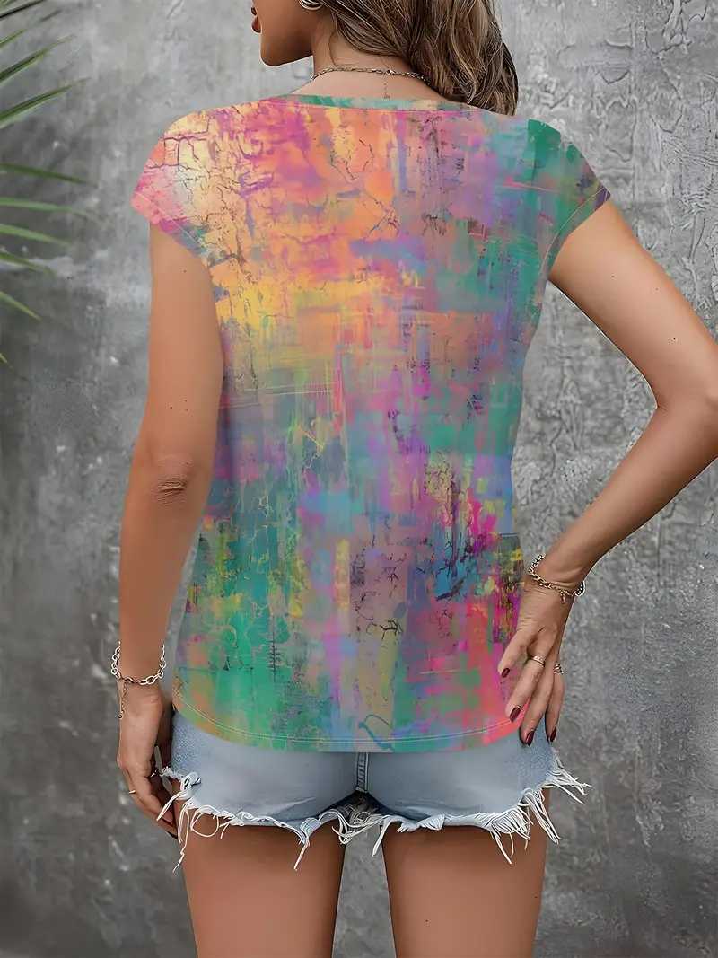 Damen Abstrakt Kurzarm T-Shirts T-Shirt V-Ausschnitt Print Lässig Sommer T-Shirt mit Grafik Oberteile
