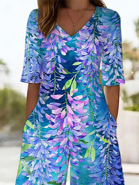 Damen Geblümt V-Ausschnitt Halbarm Lässig Sommer Jumpsuit