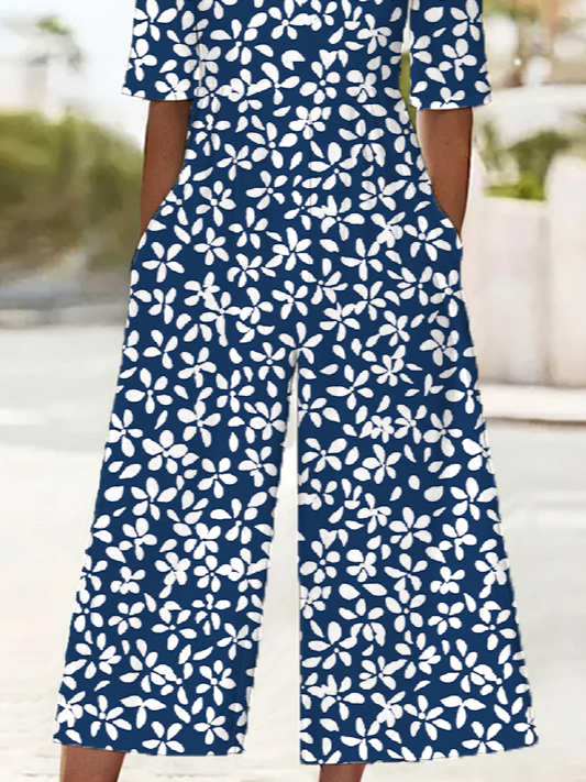 Damen Geblümt V-Ausschnitt Halbarm Lässig Sommer Jumpsuit