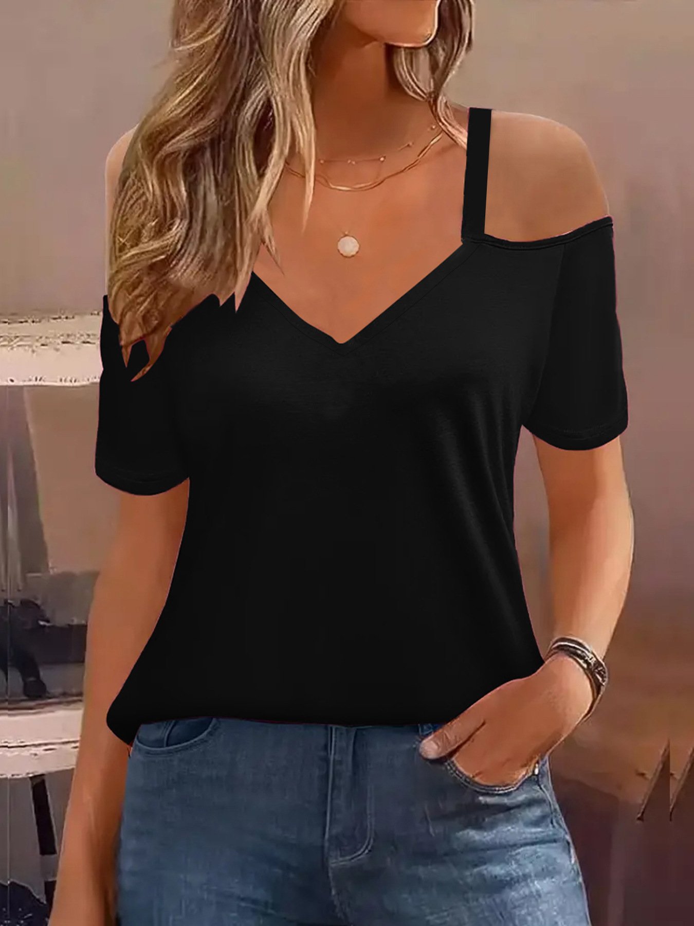 Damen Unifarben Kurzarm T-Shirts T-Shirt V-Ausschnitt Nahtverarbeitung Lässig Sommer Oberteile