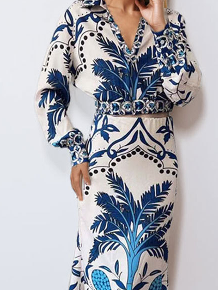 Damen Geometrisch Print Zweiteiliges Set Täglich Langarm Lässig Frühling/Herbst Bluse mit Rock Matching Set