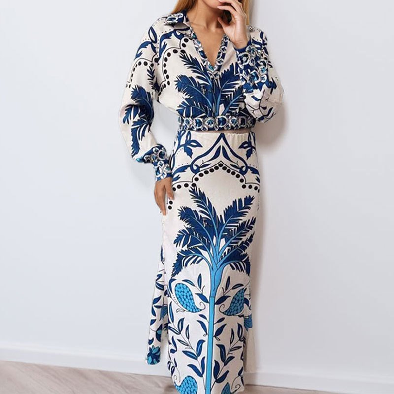 Damen Geometrisch Print Zweiteiliges Set Täglich Langarm Lässig Frühling/Herbst Bluse mit Rock Matching Set