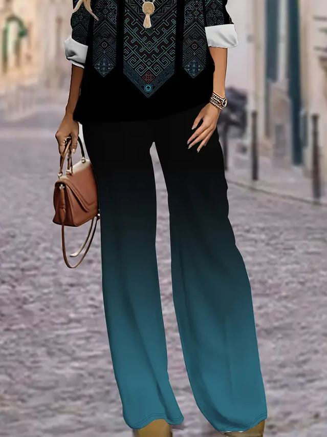 Damen Geometrisch Print Zweiteiliges Set Täglich Langarm Lässig Frühling/Herbst Bluse mit Hose Matching Set
