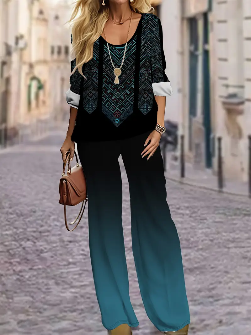 Damen Geometrisch Print Zweiteiliges Set Täglich Langarm Lässig Frühling/Herbst Bluse mit Hose Matching Set
