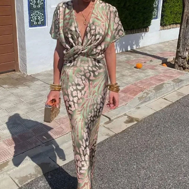 Damen Farbblock Kurzarm Sommer Print Kleid V-Ausschnitt Täglich Lässig Maxikleid Hüftrock A-Linien-Kleid