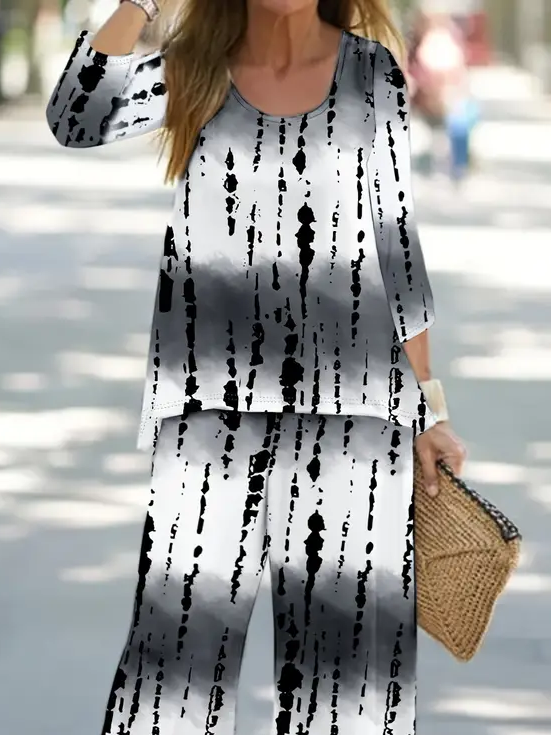 Damen Abstrakt Print Zweiteiliges Set Täglich Langarm Lässig Frühling/Herbst Bluse mit Hose Matching Set