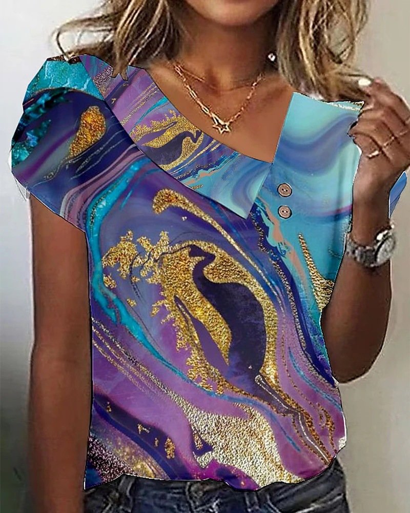 Damen Gestreift Kurzarm T-Shirts T-Shirt Asymmetrisch Schnalle Lässig Sommer Oberteile