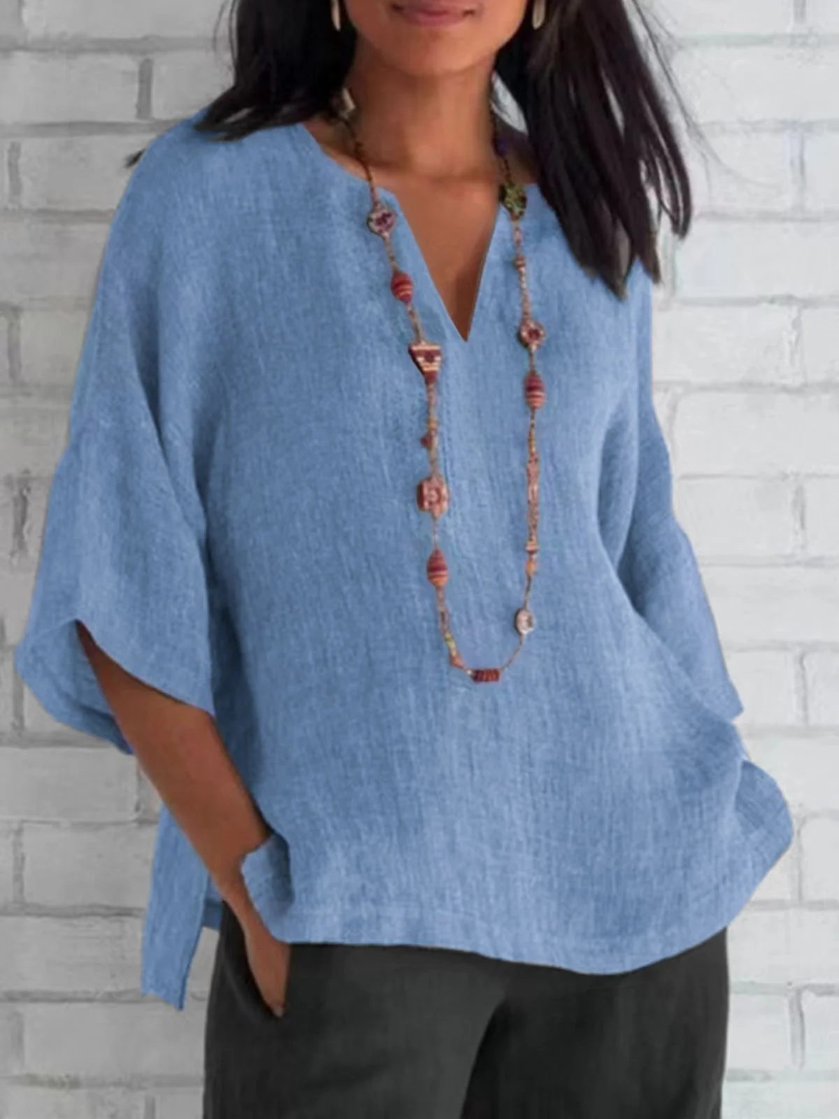 Damen Unifarben Halbarm Bluse Sommer V-Ausschnitt Täglich Lässig Oberteile