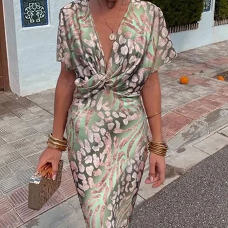Damen Farbblock Kurzarm Sommer Print Kleid V-Ausschnitt Täglich Lässig Maxikleid Hüftrock A-Linien-Kleid