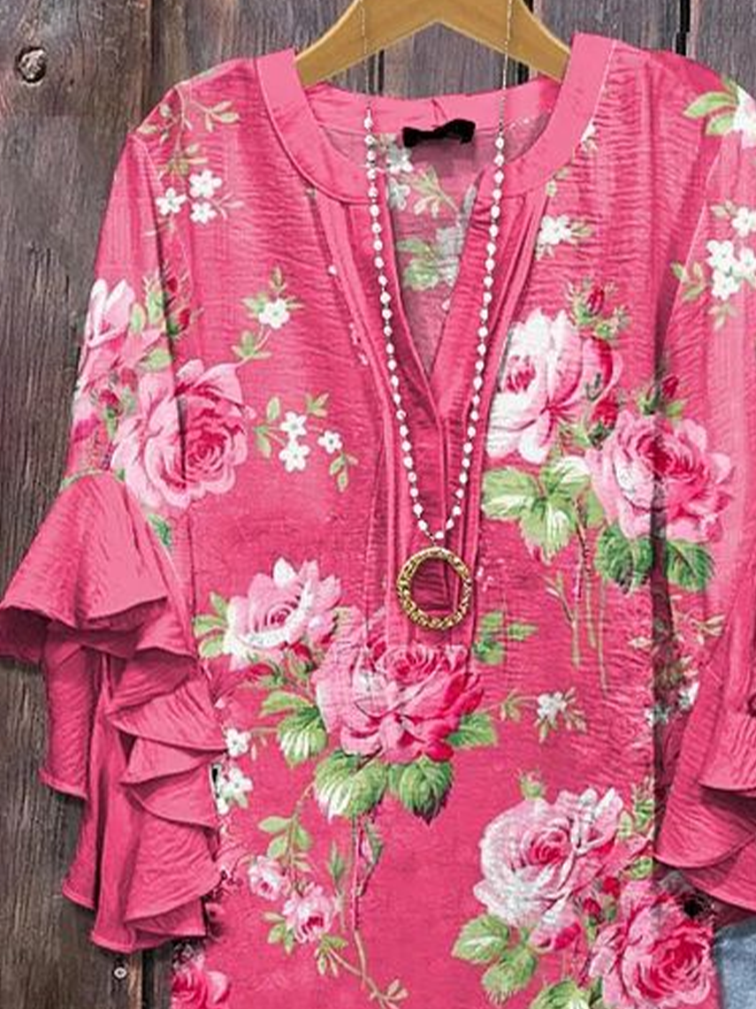 Damen Geblümt Halbarm Bluse Sommer Print V-Ausschnitt Täglich Lässig Oberteile