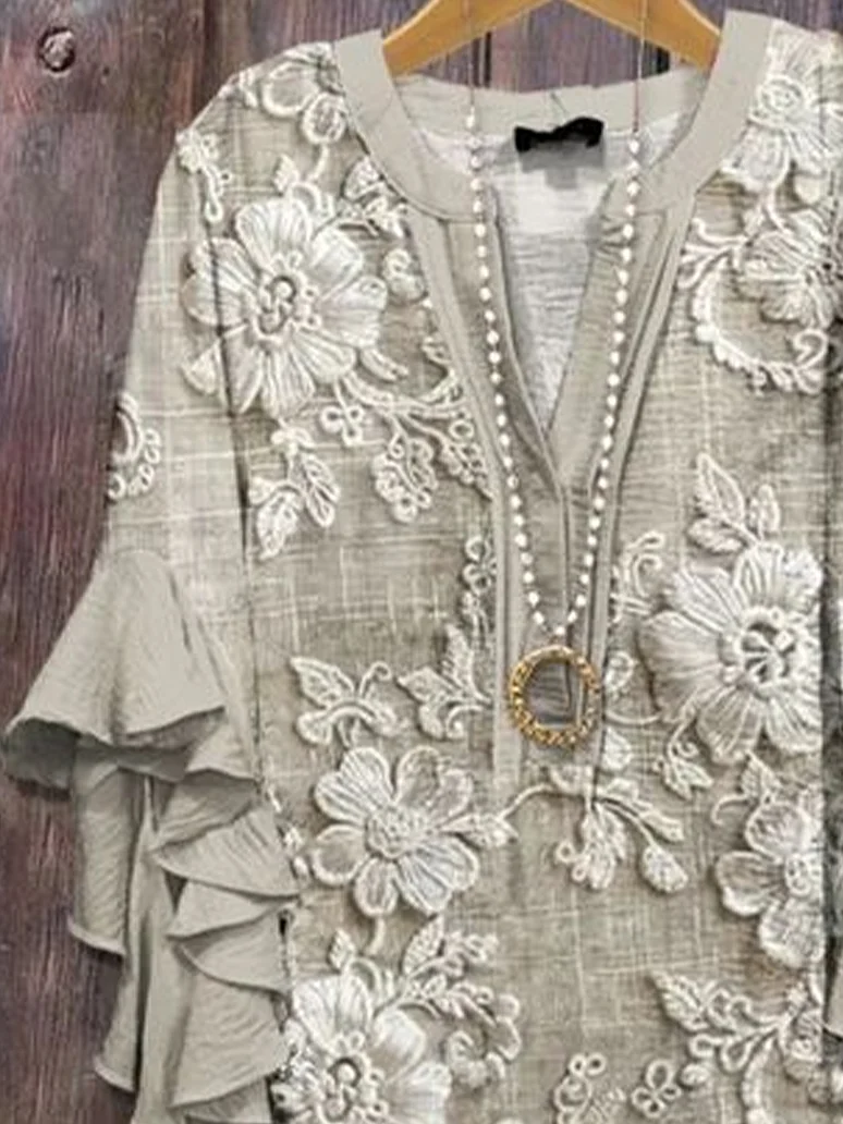 Damen Geblümt Halbarm Bluse Sommer Print V-Ausschnitt Täglich Lässig Oberteile