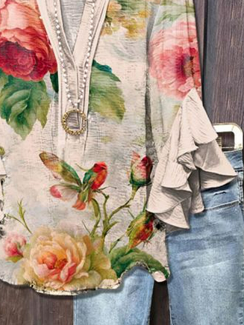 Damen Geblümt Halbarm Bluse Sommer Print V-Ausschnitt Täglich Lässig Oberteile