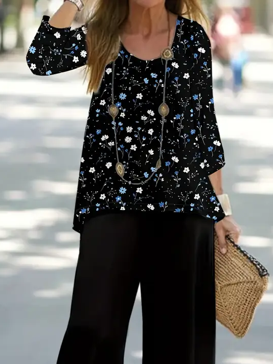 Damen Geblümt Print Zweiteiliges Set Täglich Langarm Lässig Frühling/Herbst Bluse mit Hose Matching Set