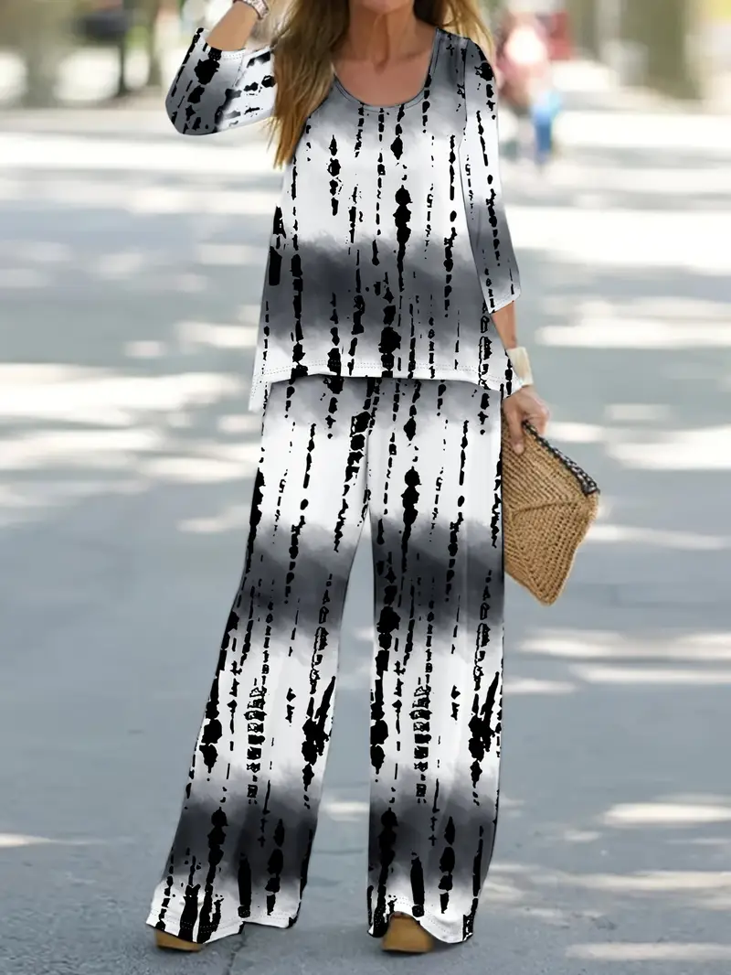 Damen Abstrakt Print Zweiteiliges Set Täglich Langarm Lässig Frühling/Herbst Bluse mit Hose Matching Set