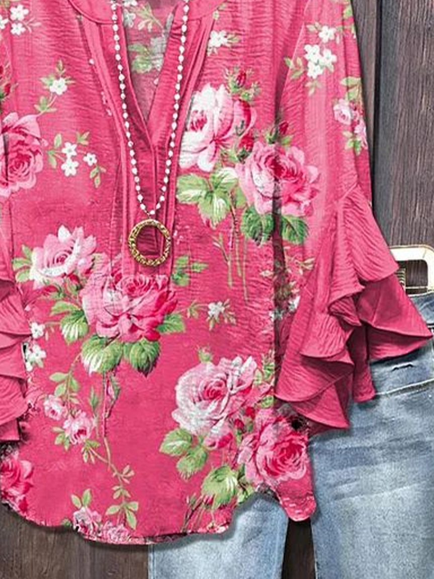 Damen Geblümt Halbarm Bluse Sommer Print V-Ausschnitt Täglich Lässig Oberteile
