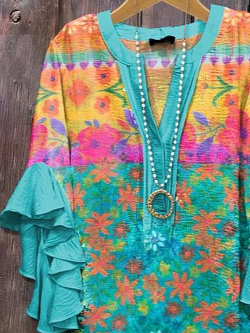 Damen Geblümt Halbarm Bluse Sommer Print V-Ausschnitt Täglich Lässig Oberteile