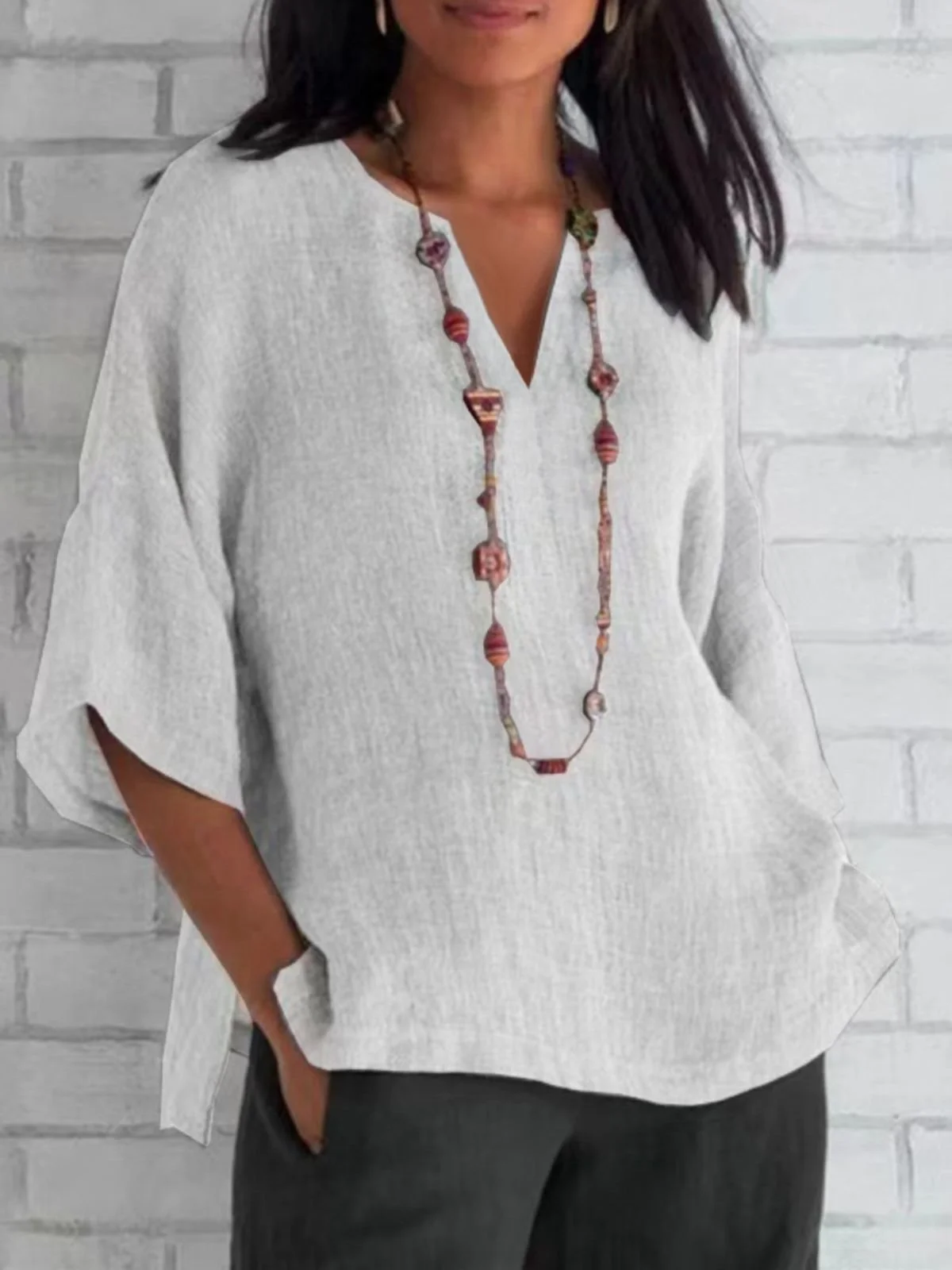 Damen Unifarben Halbarm Bluse Sommer V-Ausschnitt Täglich Lässig Oberteile