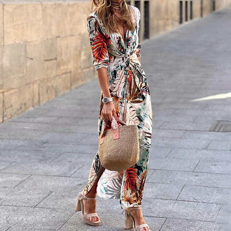 Damen Geometrisch Dreiviertelärmel Frühling/Herbst Print Kleid V-Ausschnitt Täglich Retro Maxikleid Hüftrock A-Linien-Kleid