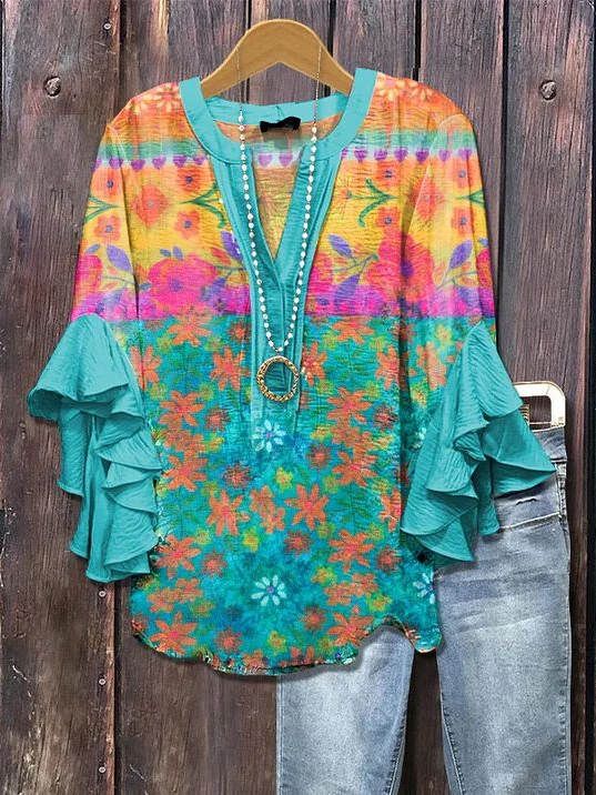 Damen Geblümt Halbarm Bluse Sommer Print V-Ausschnitt Täglich Lässig Oberteile