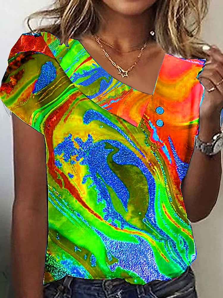 Damen Gestreift Kurzarm T-Shirts T-Shirt Asymmetrisch Schnalle Lässig Sommer Oberteile