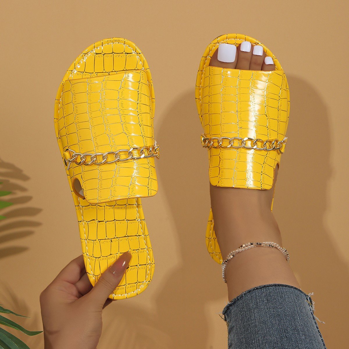Sommer Krokodil Muster Große Größen Outdoor Flach Pantoletten Damen Metallkette modisch Strand Pantoletten
