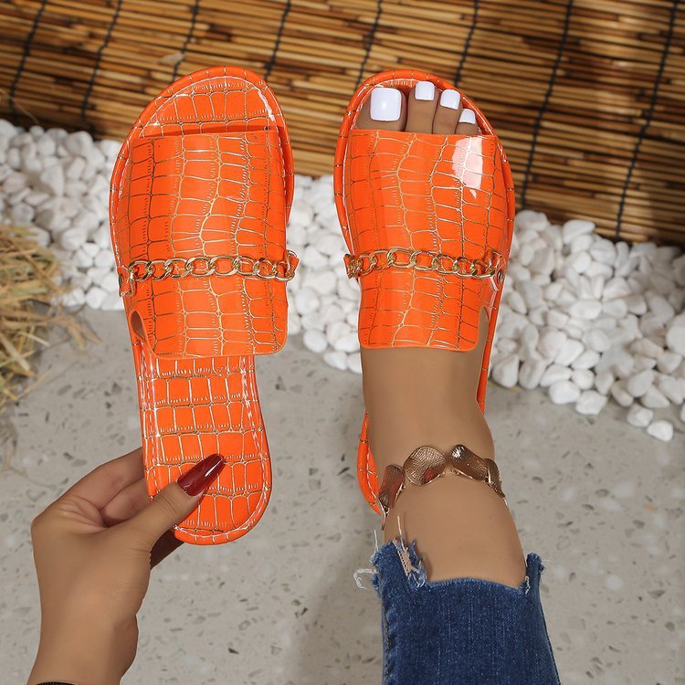 Sommer Krokodil Muster Große Größen Outdoor Flach Pantoletten Damen Metallkette modisch Strand Pantoletten