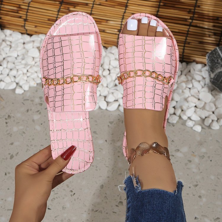 Sommer Krokodil Muster Große Größen Outdoor Flach Pantoletten Damen Metallkette modisch Strand Pantoletten
