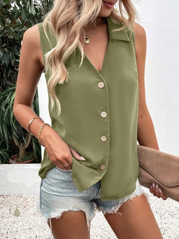 Damen Ärmellos Tanktop Oberteile Leibchen Sommer Unifarben Schnalle Stehkragen Täglich Lässig Oberteile