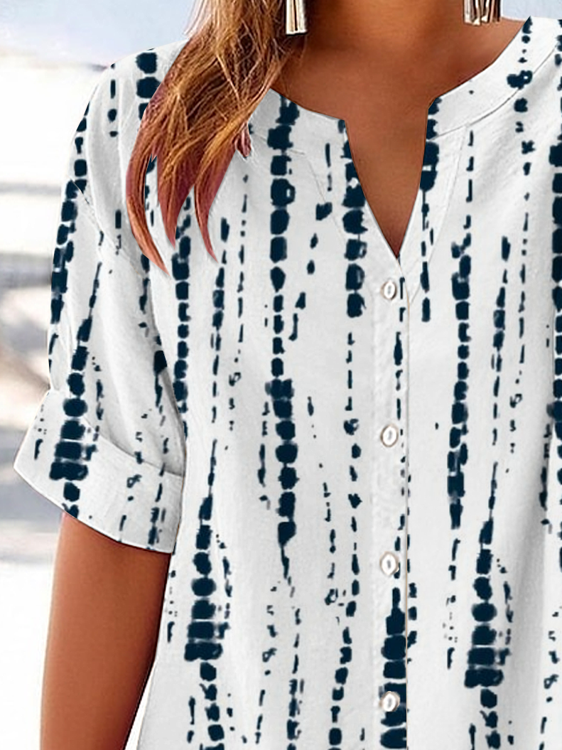 Damen abstrakte Streifen Kurzarm Bluse Sommer Print V-Ausschnitt Täglich Lässig Oberteile