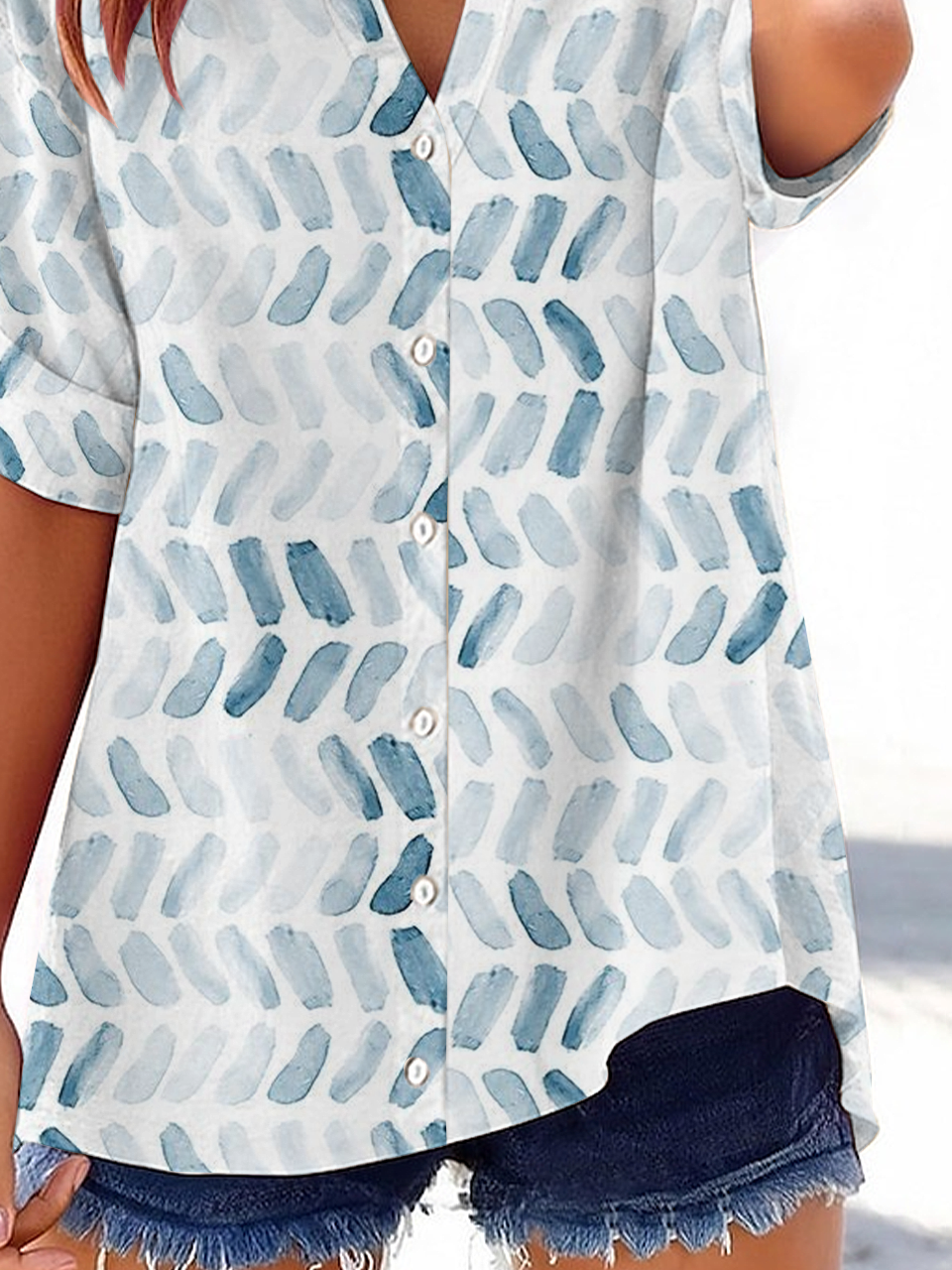 Damen Geometrisch Kurzarm Bluse Sommer Print V-Ausschnitt Täglich Lässig Oberteile