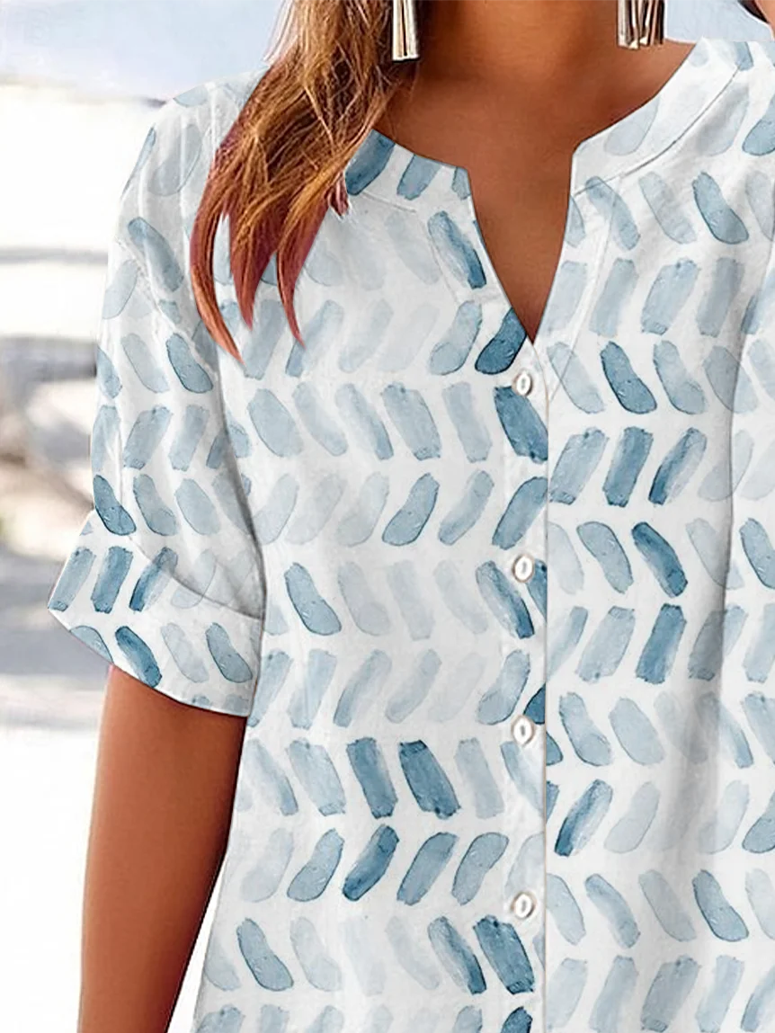 Damen Geometrisch Kurzarm Bluse Sommer Print V-Ausschnitt Täglich Lässig Oberteile