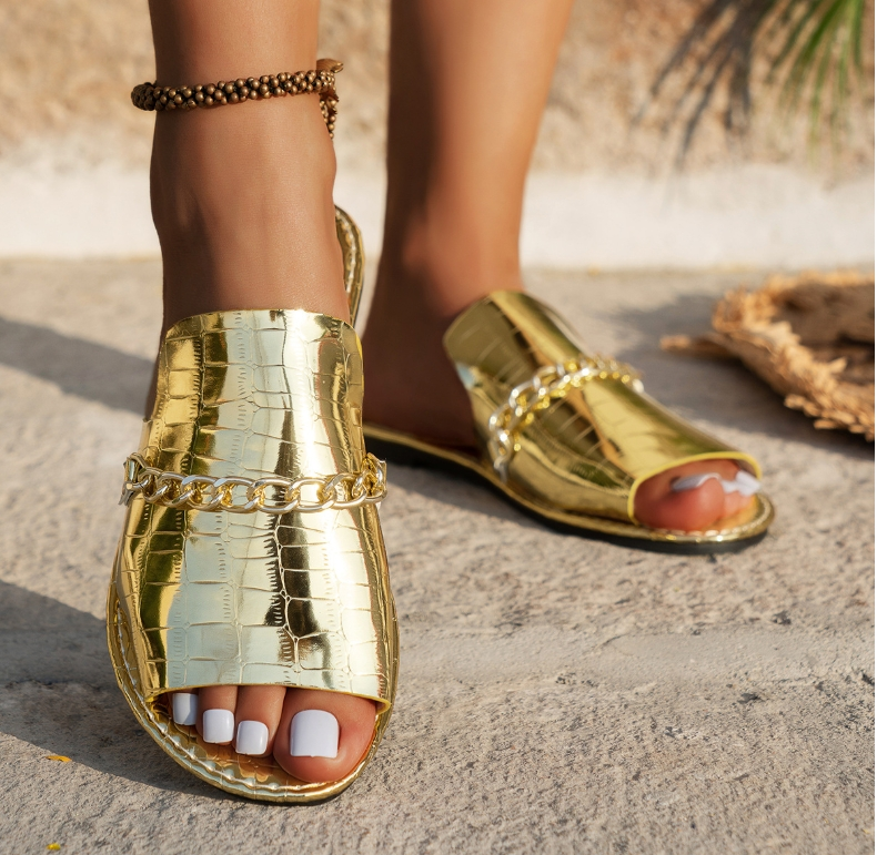 Sommer Krokodil Muster Große Größen Outdoor Flach Pantoletten Damen Metallkette modisch Strand Pantoletten
