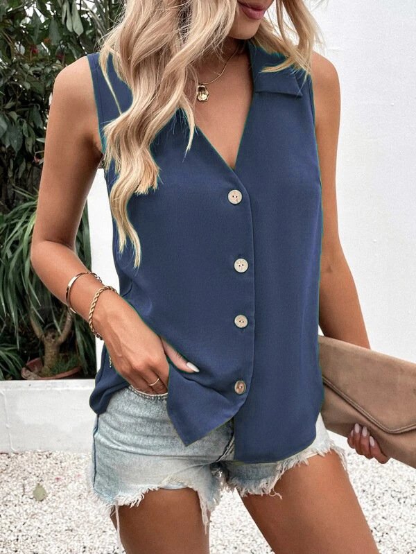 Damen Ärmellos Tanktop Oberteile Leibchen Sommer Unifarben Schnalle Stehkragen Täglich Lässig Oberteile