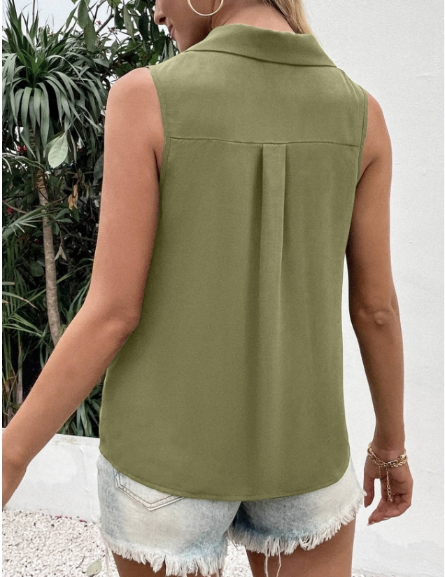 Damen Ärmellos Tanktop Oberteile Leibchen Sommer Unifarben Schnalle Stehkragen Täglich Lässig Oberteile