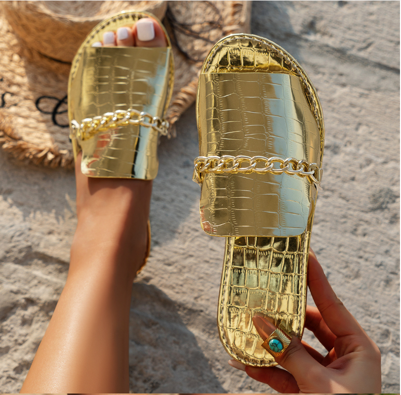 Sommer Krokodil Muster Große Größen Outdoor Flach Pantoletten Damen Metallkette modisch Strand Pantoletten