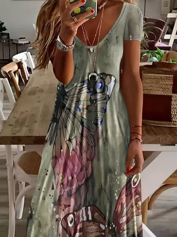 Damen Schmetterling Kurzarm Sommer Print Kleid V-Ausschnitt Täglich Lässig Maxikleid X-Linie Kleid